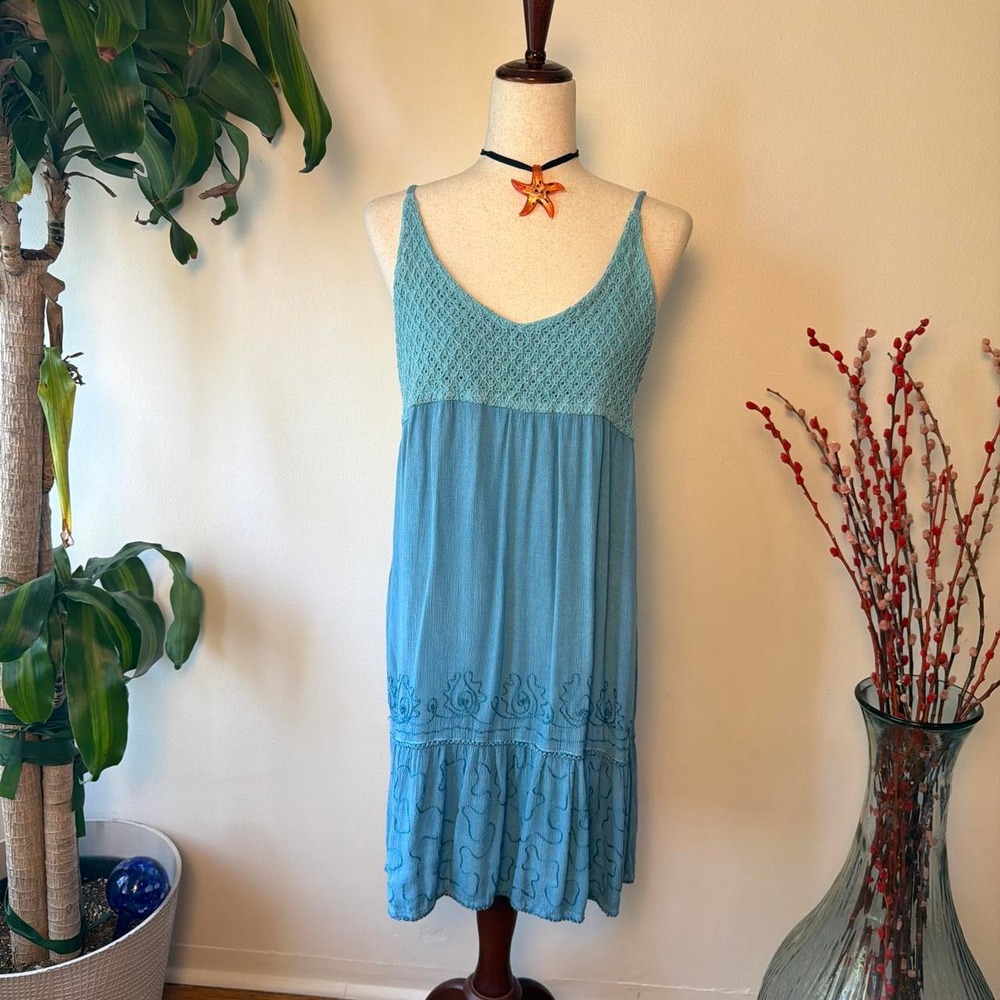 Raya Sun Boho Aqua Crochet Tiered Mini Dress Blue Large